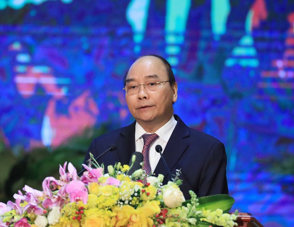  Thủ tướng Nguyễn Xuân Phúc đọc diễn văn tại lễ kỷ niệm. (Ảnh: Thống Nhất/TTXVN)