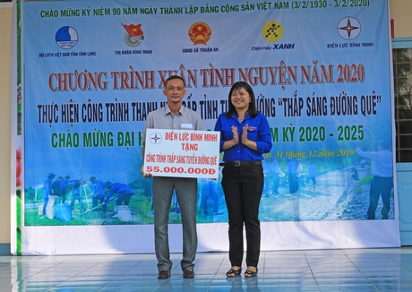 Bí thư Thị Đoàn Bình Minh- Trần Thanh Thị Thùy Linh trao tặng công trình “Thắp sáng đường quê” trị giá 55 triệu đồng cho địa phương.