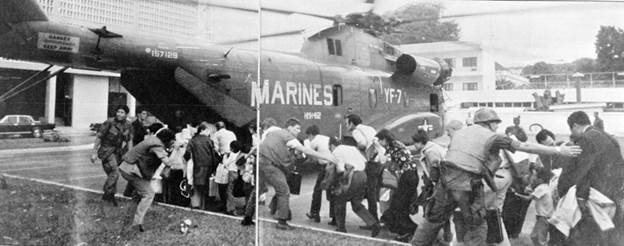  Trước sức tiến công mạnh mẽ của quân Giải phóng và nguy cơ thất bại hiển hiện, Mỹ tiến hành chiến dịch di tản người Mỹ và những người Việt có liên hệ bằng trực thăng khỏi Sài Gòn (chiến dịch Gió lốc - Frequent Wind), bắt đầu từ sáng 29/4 và chấm dứt vào sáng sớm ngày 30/4/1975. (Ảnh: Tư liệu/TTXVN phát)