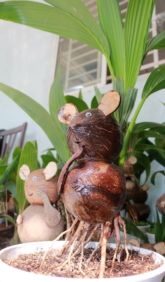 Phần rễ dừa được dùng làm chân, phần thân dừa được dùng làm đuôi chuột.