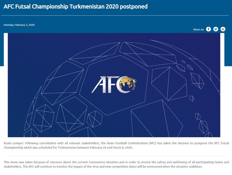 AFC thông báo hoãn tổ chức VCK Futsal châu Á 2020