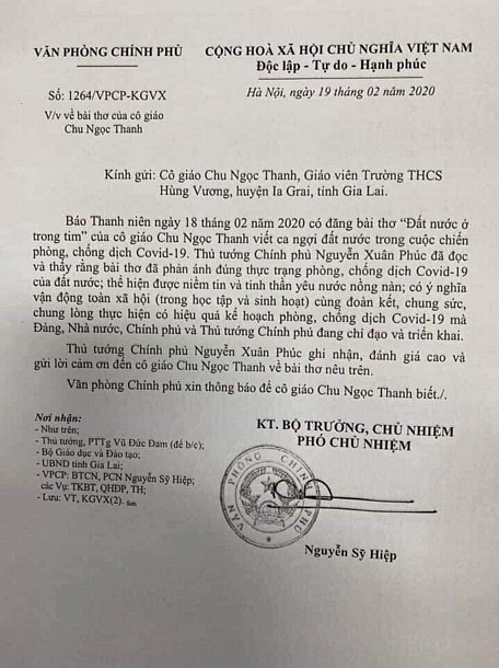 Thủ tướng Chính phủ Nguyễn Xuân Phúc gửi thư cảm ơn cô giáo.