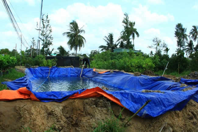 Một bể trữ nước được người dân huyện Chợ Lách (Bến Tre) chủ động xây tạm để tưới cây trái và chia sẻ cho các vườn cây lân cận.