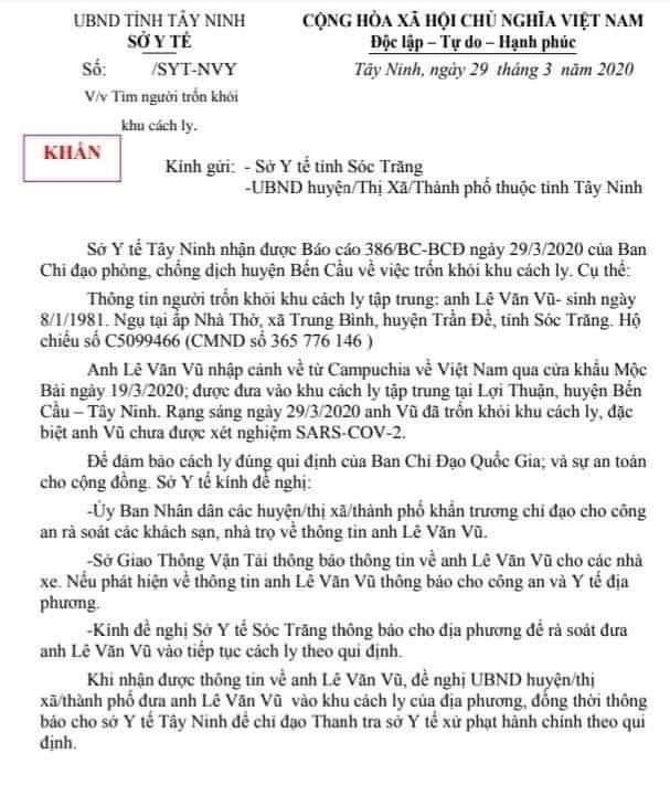 Văn bản của Sở Y tế Tây Ninh - tuổi của Vũ bị đánh máy nhầm, sau đó sở đã đính chính