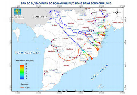 Bản đồ dự báo phân bố độ mặn cao nhất ở khu vực Đồng bằng sông Cửu Long từ ngày 16-20/4/2020.