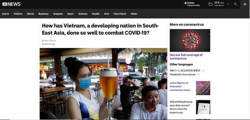 Bài báo đăng tải trên  ABC News lý giải nguyên nhân Việt Nam thành công trong cuộc chiến chống Covid-19.