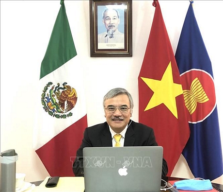 Đại sứ Đặc mệnh toàn quyền Việt Nam tại Mexico Nguyễn Hoài Dương dự tọa đàm trực tuyến. Ảnh: TTXVN phát