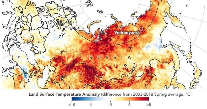 Bản đồ ghi nhận tình trạng nóng lên ở thị trấn Verkoyansk, Siberia. Ảnh: NASA.