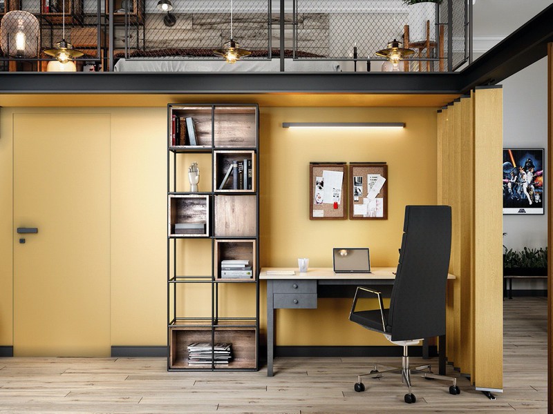 Bức tường màu vàng nắng, mang đến nguồn năng lượng ấm áp và sinh động cho không gian làm việc tại nhà.