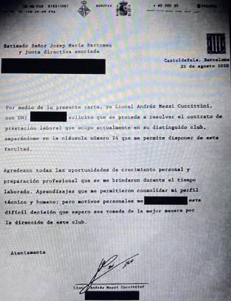 Nội dung bản fax mà Messi gửi đến Barcelona. (Nguồn: TyC Sports)