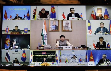 Các điểm cầu ASEAN và Ấn Độ tham dự hội nghị. Ảnh: Trần Việt/TTXVN