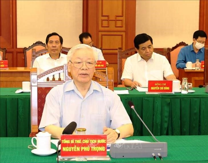 Tổng Bí thư, Chủ tịch nước Nguyễn Phú Trọng, Trưởng Tiểu ban Văn kiện Đại hội XIII của Đảng phát biểu chỉ đạo cuộc họp. (Ảnh: TTXVN)