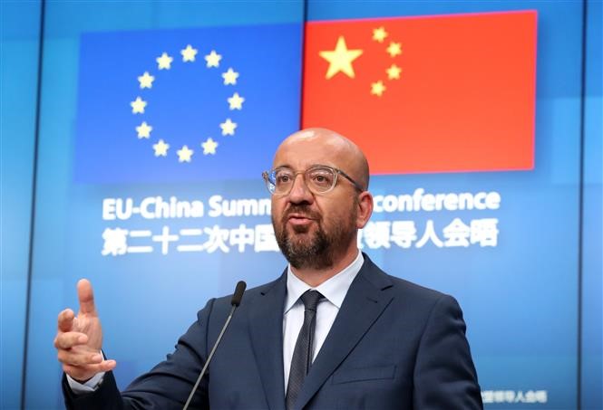 Chủ tịch Hội đồng châu Âu Charles Michel tại cuộc họp báo sau hội nghị trực tuyến Trung Quốc- EU ở Brussels, Bỉ, ngày 22/6/2020. Ảnh: AFP/TTXVN