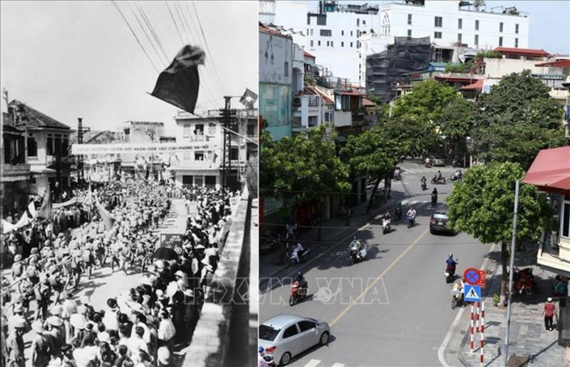 Các đơn vị bộ binh Quân đội nhân dân Việt Nam tiến qua phố Hàng Gai vào tiếp quản Thủ đô sáng 10/10/1954 và phố Hàng Gai ngày nay.