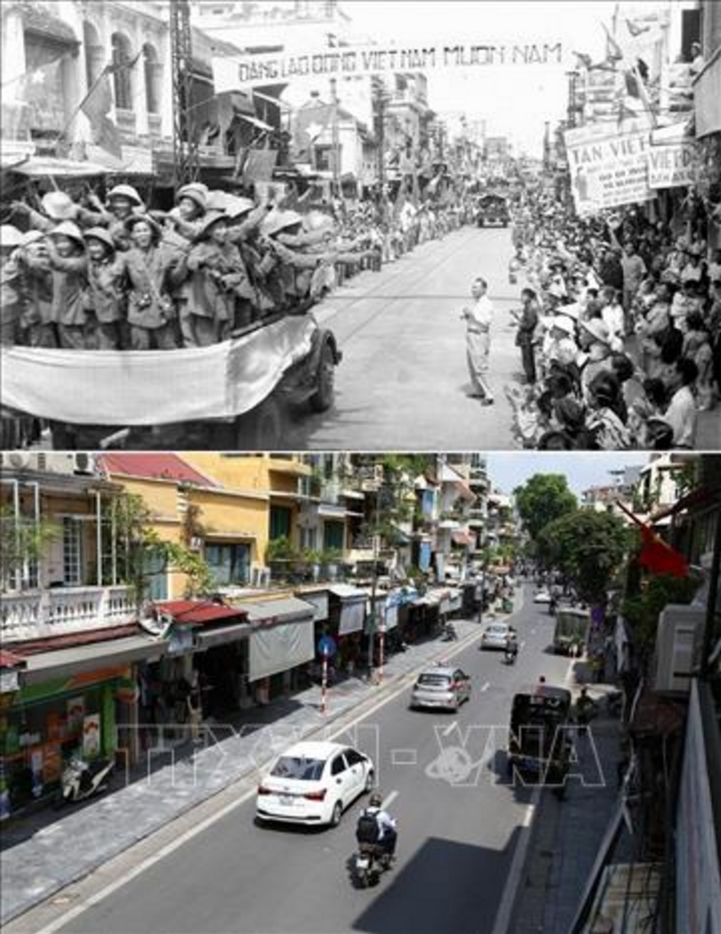 Đoàn xe chở các chiến sỹ Đại đoàn 308 Quân Tiên phong tiến qua phố Hàng Đào, sáng 10/10/1954 trong niềm hân hoan chào đón của hàng vạn người dân và phố Hàng Đào ngày nay. 