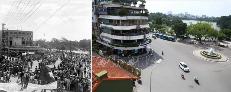 Các đơn vị bộ đội thuộc Đại đoàn 308 Quân Tiên Phong tiến vào khu vực ngã năm Bờ Hồ (nay là quảng trường Đông Kinh Nghĩa Thục), sáng 10/10/1954 trong tiếng reo vui của hàng vạn người dân Thủ đô.