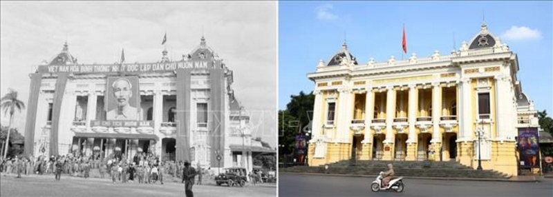 Nhà hát Lớn Hà Nội trong ngày Ủy ban Quân chính ra mắt nhân dân Thủ đô (10/1954) và hôm nay.