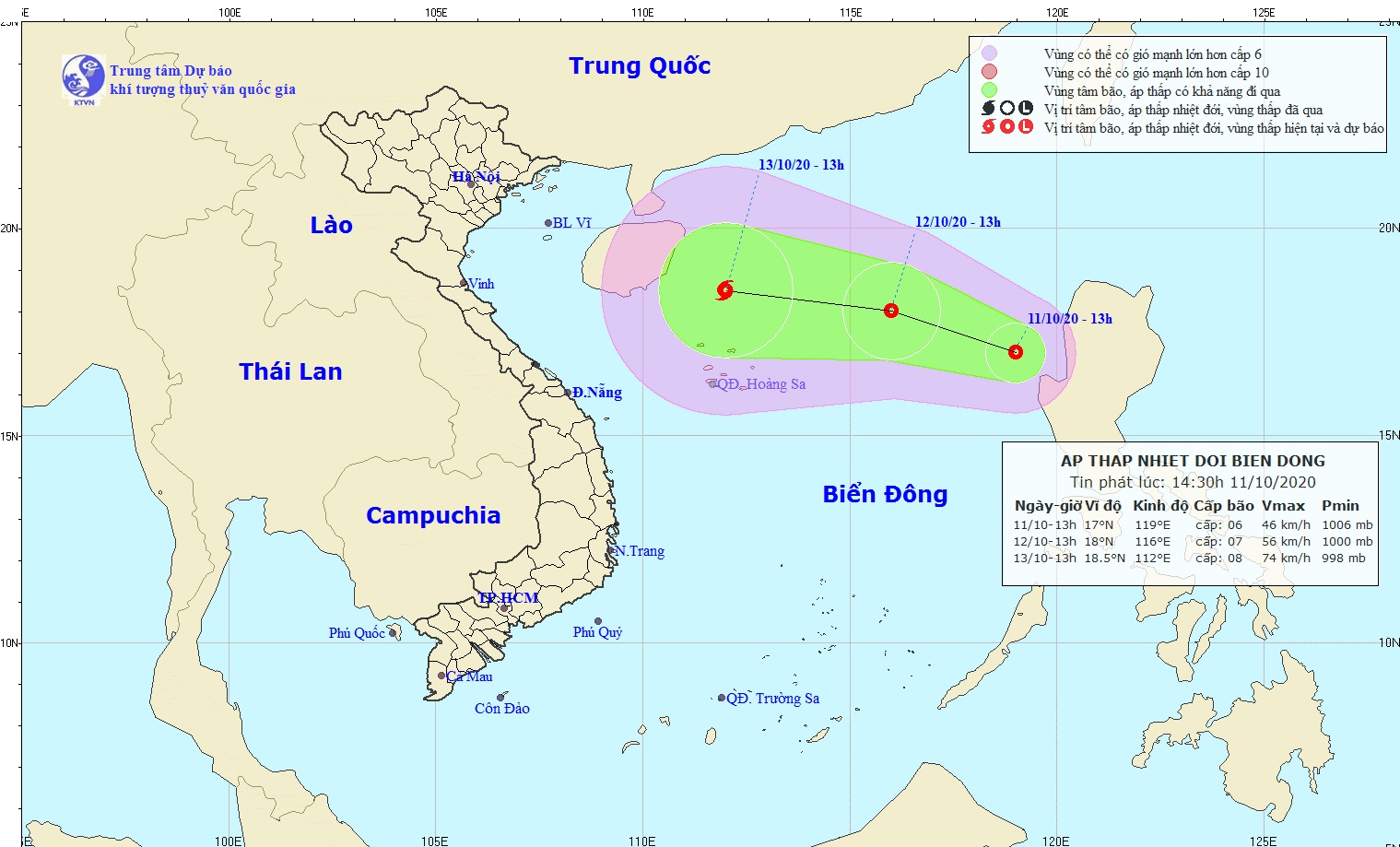 Sơ đồ đường đi của áp thấp nhiệt đới mới xuất hiện trên Biển Đông. Ảnh: KTVN