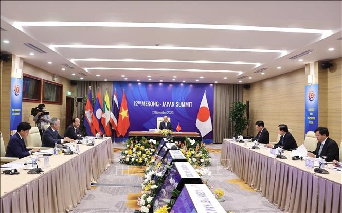 Hội nghị Cấp cao Mekong - Nhật Bản lần thứ 12 tại điểm cầu Hà Nội sáng 13 /11/2020. Ảnh: Thống Nhất/TTXVN