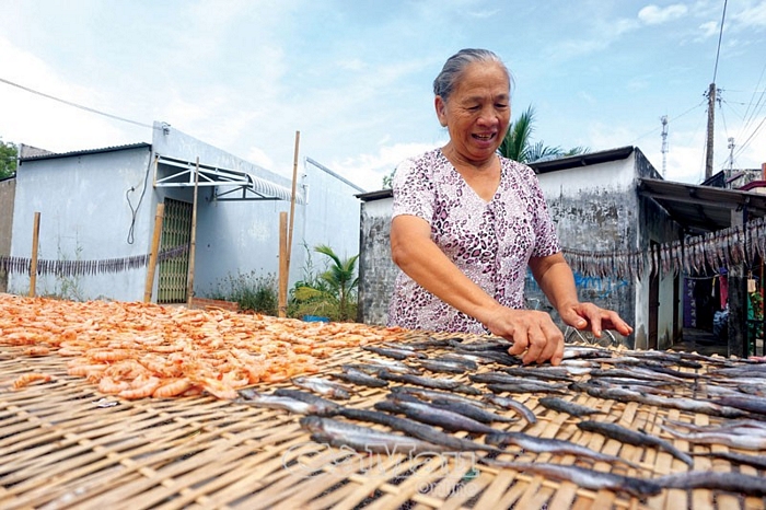 Bà Lê Thị Bạch, 72 tuổi, xã Tân Đức, huyện Đầm Dơi kiếm được 200.000 đồng mỗi ngày nhờ sơ chế tôm khô.