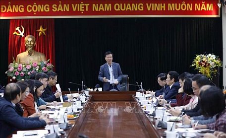 Trưởng Ban Tuyên giáo Trung ương Võ Văn Thưởng chủ trì cuộc họp. Ảnh: Dương Giang/TTXVN