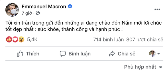  Thông điệp chúc tết bằng tiếng Việt của Tổng thống Macron trên Facebook nhận lượt tương tác cao nhất trong bốn thứ tiếng - Ảnh chụp màn hình Facebook