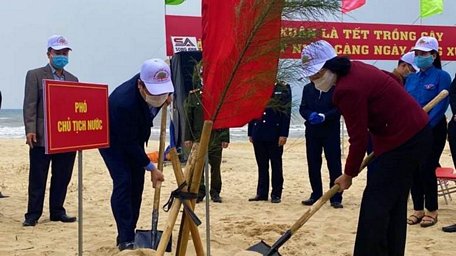 Phó Chủ tịch nước Đặng Thị Ngọc Thịnh trồng cây đầu Xuân Tân Sửu tại Quảng Bình. (Ảnh: Nhân dân)