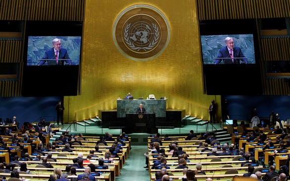 Tổng thư ký LHQ Antonio Guterres phát biểu khai mạc phiên thảo luận chung cấp cao của Đại hội đồng Liên Hiệp Quốc khóa 76 ngày 21/9 - Ảnh: REUTERS