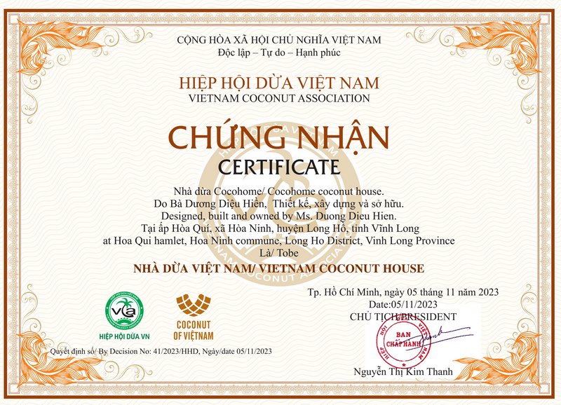 Giấy chứng nhận Nhà dừa Cocohome của Hiệp hội Dừa Việt Nam.