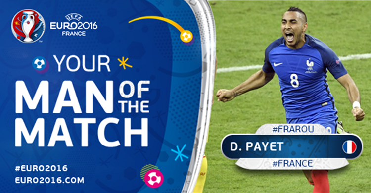 Thi đấu lăn xả, nhiệt tình và có bàn thắng quyết định ở phút 89 giúp đội chủ nhà VCK Euro 2016 - Pháp có chiến thắng quan trọng trong ngày khai mạc trước Romania, Dimitri Payet xứng đáng được vinh danh là cầu thủ xuất sắc nhất trận đấu.