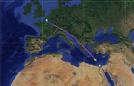 MS804 bị rơi ở Địa Trung Hải trên đường từ Paris đến Cairo ngày 19/5/2016. Ảnh Flightradar24