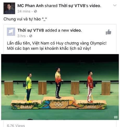 MC Phan Anh cũng ngay lập tức chia sẻ video Hoàng Xuân Vinh nhận huy chương vàng với dòng trạng thái: 