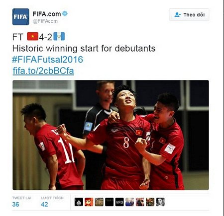 Tài khoản Twitter của FIFA chúc mừng đội tuyển futsal Việt Nam