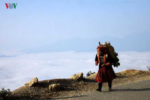 Sắc màu váy áo của đồng bào dân tộc Mông bên biển mây ở Làng Mô, Sìn Hồ.