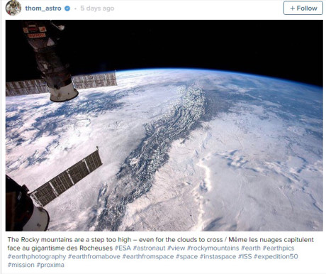 Các nhà phi hành gia trên trạm vũ trụ quốc tế ISS đã chụp những bức ảnh Trái đất từ nơi làm việc của mình, cho thấy vẻ đẹp mê hồn của đất mẹ khi nhìn từ ngoài không gian. Hình ảnh dãy núi Rocky do phi hành gia người Pháp Thomas Pesquet đăng tải trên tài khoản Instagram của mình.(Nguồn: Instagram)