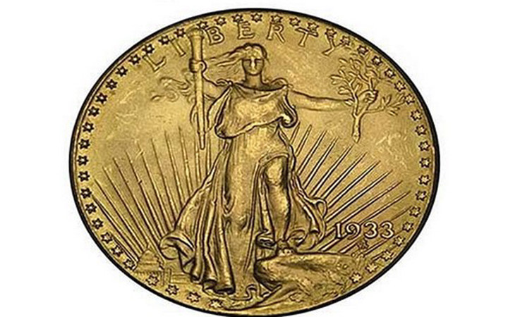 Đồng tiền vàng mệnh giá 20 đô la này được đúc vào năm 1933 nhưng lại bị thu hồi ngay cùng năm mặc dù đã đúc hơn bốn trăm ngàn mẫu vật. Các đồng xu này chưa bao giờ được lưu hành và gần như đã bị nấu chảy tất cả. Hiện tại chỉ có dưới 15 đồng xu còn tồn tại. Có đồng xu trong đó đã được bán với giá 7.590.000 USD trong một cuộc đấu giá vào năm 2002