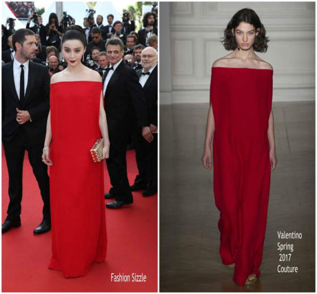 Ngày 24/5, Phạm Băng Băng diện chiếc váy màu đỏ hiệu Valentino, một thiết kế trong bộ sưu tập Valentino Spring 2017 Haute Couture khi tới dự buổi công chiếu phim The Beguiled tại Cannes. (Ảnh: fashionsizzle)