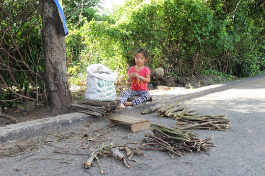 Một em bé ngồi chơi với đống củi khô ngay bên vệ đường