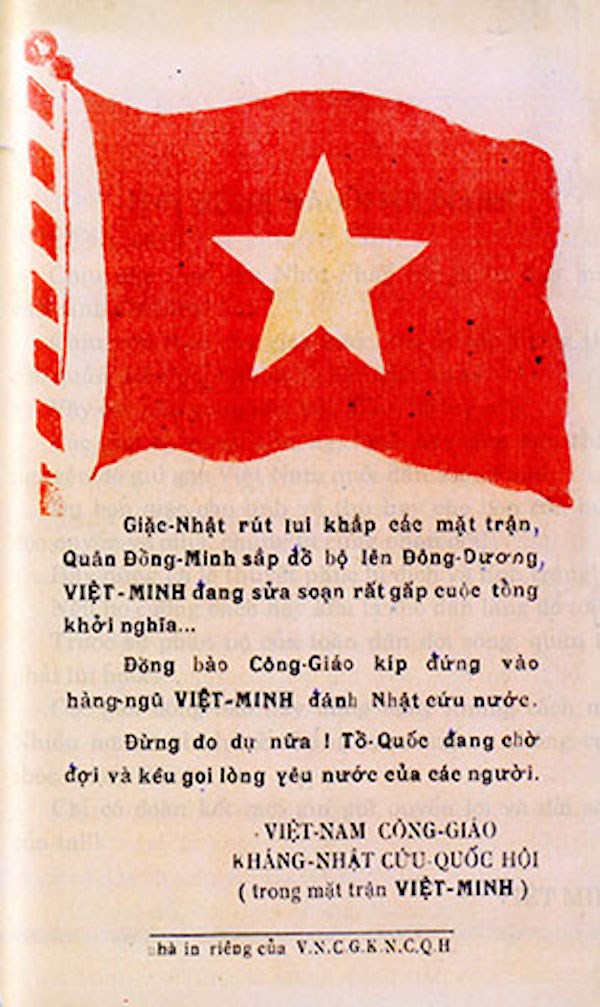 Truyền đơn của tổ chức Việt Nam Công giáo kháng Nhật cứu quốc hội (trong Mặt trận Việt Minh) kêu gọi đồng bào công giáo tham gia đánh Nhật cứu nước. (Ảnh: Bảo tàng Lịch sử Quốc gia)