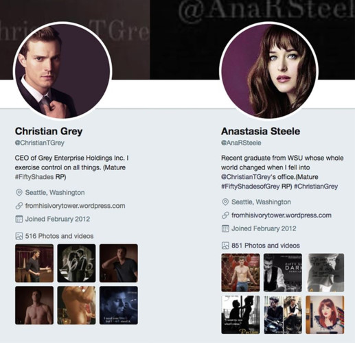 Christian Grey và Anastasia Steele đều có tài khoản Twitter với số lượt theo dõi lên đến 325.000 người.