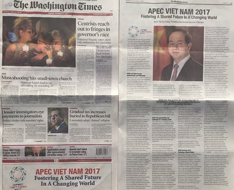 Bài viết của Chủ tịch nước Trần Đại Quang về APEC được đăng tải trên tờ thời báo The Washington Times. (Ảnh: Nguyễn Hoàng/Vietnam+)