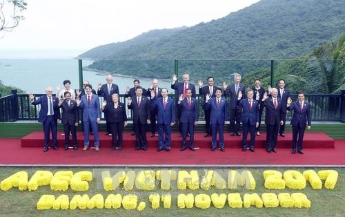 Chủ tịch nước Trần Đại Quang và các Trưởng đoàn dự Hội nghị các Nhà lãnh đạo Kinh tế APEC lần thứ 25 chụp ảnh chung, trưa 11/11.