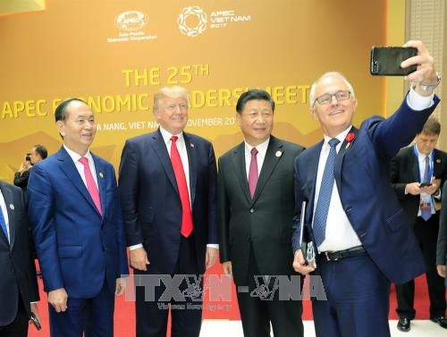 Thủ tướng Australia Malcolm Turnbull dùng điện thoại tự chụp ảnh kỷ niệm chung với Chủ tịch nước Trần Đại Quang, Tổng thống Hoa Kỳ Donald Trump và Chủ tịch Trung Quốc Tập Cận Bình tại Phiên khai mạc Hội nghị các Nhà lãnh đạo Kinh tế APEC lần thứ 25, sáng 11/11.