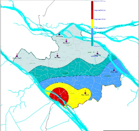 Bản đồ phân bổ lượng mưa từ 12- 18/11, lượng mưa tại Trà Ôn lên đến 67,3mm. Ảnh: Đài Khí tượng- Thủy văn tỉnh Vĩnh Long