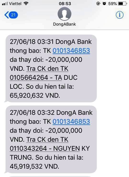 Khách hàng DongA Bank liên tục bị mất tiền trong tài khoản vào rạng sáng 27/6. Các khoản tiền bị mất đều được giao dịch tại một trụ ATM của DongA Bank trên đường Âu Cơ (quận Tân Phú)