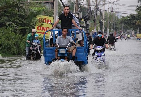 Tình trạng ngập nước do triều cường dâng cao tại đường Lê Văn Lương, huyện Nhà Bè, TP.HCM. (Ảnh: Xuân Dự/TTXVN)