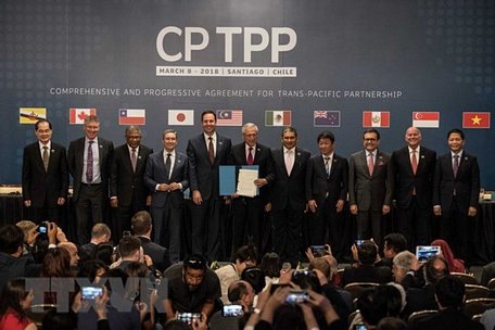  Đại diện các nước tham gia lễ ký Hiệp định CPTPP ở Santiago ngày 8/3. (Ảnh: THX/TTXVN)