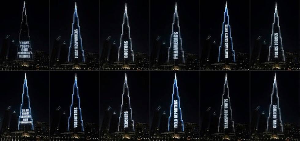  Toà nhà chọc trời Burj Khalifa ở Dubai, lan toả thông điệp cảm ơn những người làm việc trong tuyến đầu chống dịch COVID-19, bao gồm các y bác sĩ, nhân viên y tế, lực lượng cảnh sát, phóng viên, cảnh sát, giáo viên và tình nguyện viên, đơn vị vận chuyển. Ảnh: Getty Images