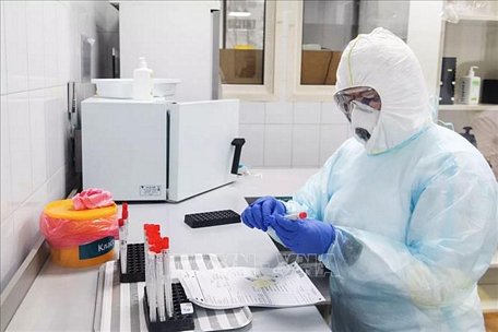 Nghiên cứu viên tìm hiểu mẫu bệnh phẩm của bệnh nhân mắc COVID-19 tại phòng thí nghiệm ở Moskva, Nga ngày 7/5/2020. Ảnh: RIA Novosti/TTXVN