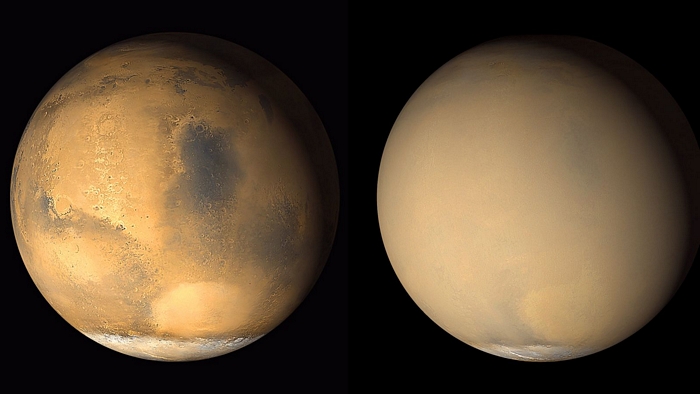 Sao Hỏa được biết đến là nơi có các cơn bão bụi bao quanh hành tinh. Những hình ảnh năm 2001 này từ tàu quỹ đạo sao Hỏa Global Surveyor của NASA cho thấy sự thay đổi đáng kể về diện mạo của hành tinh khi sương mù bốc lên do bão bụi ở phía nam đã tỏa ra khắp toàn cầu. Ảnh: NASA.